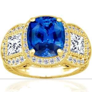   Yellow Gold Cushion Cut Blue Sapphire Ring With Sidestones Jewelry