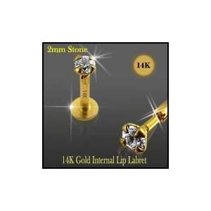   14K Gold Internal Lip Labret with 2mm Stone Body Piercing Jewelry