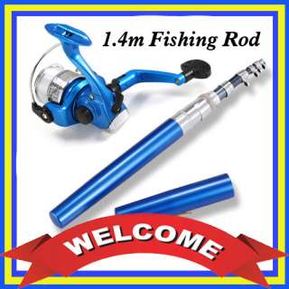 Blue Fishing Stick Rod Tiny Pen Reel Pole Line Wheel Tools Max 54 inch 