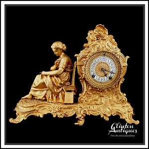Antique 19th Century ANSONIA Vassar Figural Mantel Clock Gilt Spelter 