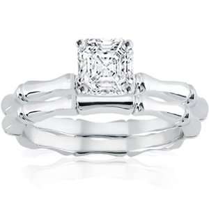  Asscher Cut Diamond Bone Shaped Solitaire Engagement Wedding Rings Set