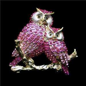 Owl Lover Bird Branch Brooch Pin Pink Swarovski Crystal  