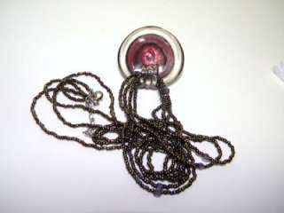   GLASS BURGUNDY /SILVER PENDANT BLACK TINY INDIAN BEADS NECKLACE  