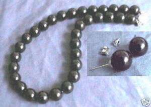12mm DARK BLACK Sea Shell Pearl Necklace & Earrings  