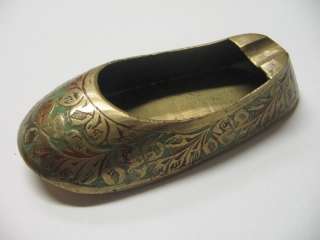 Vintage Brass India Carved Enamel Shoe Slipper Ashtray  