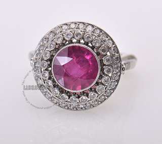 Estate Platinum Diamond Burmese Ruby Round Ring  