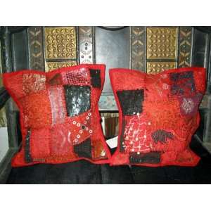 Gorgeous Red Black Patch work Vintage Sari Pillow Cushion Covers 