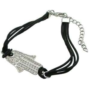    Filigree Hamsa Hand Black Cord Sterling Silver Bracelet: Jewelry