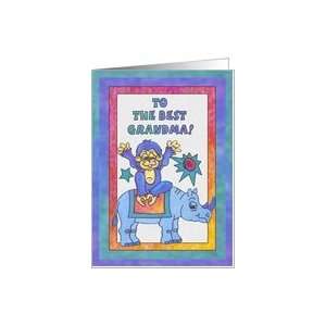 Blue Rhino and Monkey, Happy Birthday Grandma Card