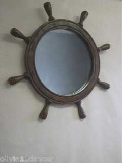 Vtg nautical wood ships wheel wall hanging mirror antique style  