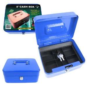  8 Inch Key Lock Blue Cash Box with Coin Tray Office 