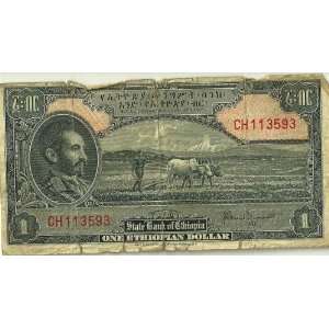 ONE ETHIOPIAN DOLLAR, $1, 1945, HAILE SELASSIE EMPEROR ETHIOPIA LION 