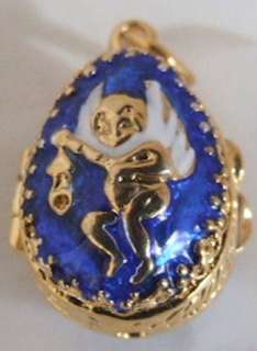 Handmade Russian Faberge EGG PENDANT TWO ANGELS BLUE ENAMEL  
