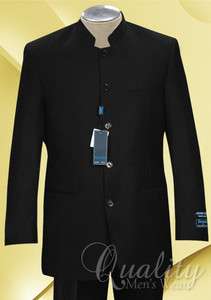 Black Nehru Collar 5 Button Suit 48L 42 Slacks Ferrecci Uomo Super 150 