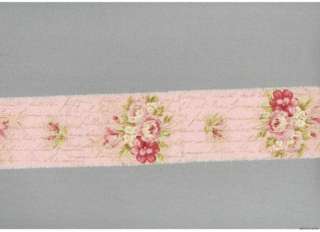 c369 vintage French script pink floral rubber stamped muslin ribbon 