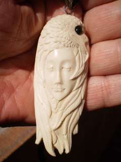 Eagle Goddess Pendant Eagle Master carved in Antler set Black Onyx 