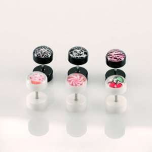 Black Acrylic Fake Plugs with Glitter Pink/Black Zebra Logo   16G (1 