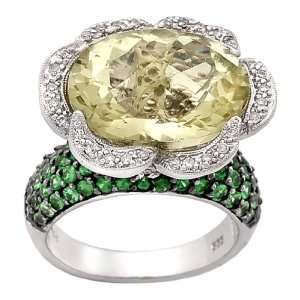  14k White Gold Diamond Green Garnet and Quartz Ring, Size 
