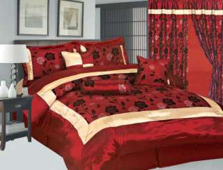 New Luxury Flocking Burgundy Floral Comforter Set Queen  