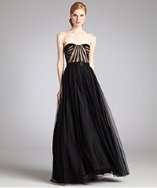 Aidan Mattox black mesh strapless corset top belted evening gown style 