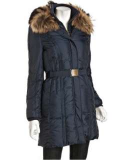 Andrew Marc navy quilted fur trim belted double bib jacket   
