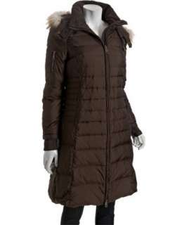 Andrew Marc brown box quilted fur trim hooded three quarter down coat 
