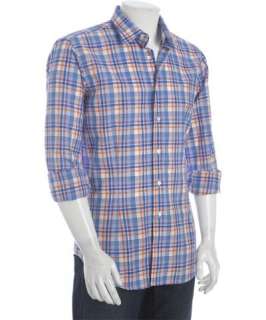 Etro blue and orange cotton linen plaid button front shirt