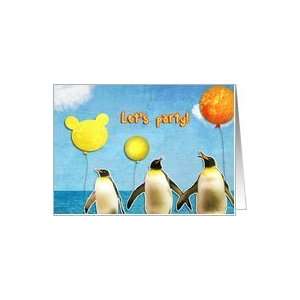   kid birthday party invitation, penguins, balloons Card: Toys & Games
