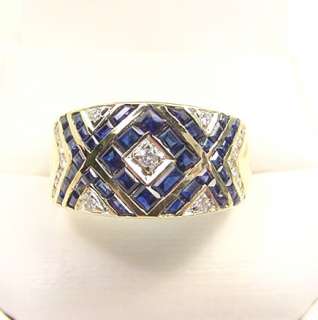ROYAL BLUE LAB SAPPHIRES & NATURAL DIAMONDS 14K GOLD WIDE BAND RING 
