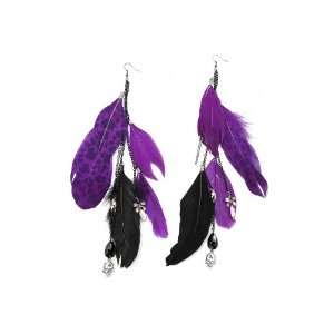  Purple And Black Animal Print Skull Feather Earrings 