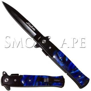 Premium Italian Style Stiletto Knife Black w/ Blue Marble Inlay Spring 