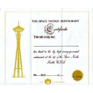  Space Needle Kids Menu and Certificate Seattle WA 