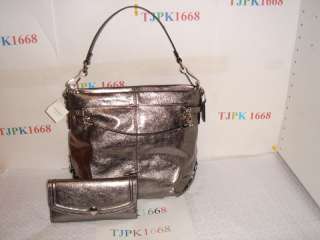   NWT Coach~Silver Pewter~Leather Brooke Hobo 17165 + Checkbook Wallet